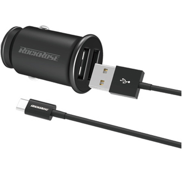 Rockrose Ranger P2 Car Charger with Cable, 2 x USB, 12W, Black Color