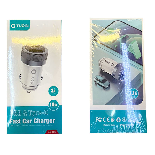 Tuqin USB & Type-C Fast Car Charger, 18W, 1-Port, 3.1A, Model No. QC08