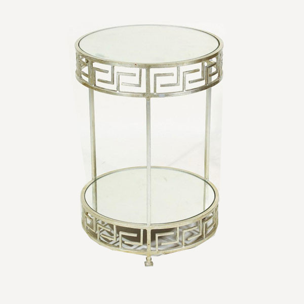 Small Metal Round Tea/Coffee Table with 2 Glass Bases, Classic Style, Golden & White Colored