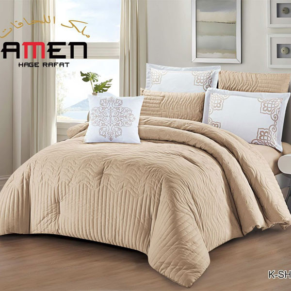 Amen Hage Rafat Set of 7 pieces (Comforter, Filted Sheet, 2 Pillow Cases, 2 Pillow Shams, Cushion) Beige-Brown Color, Model No. K-SHINY 05