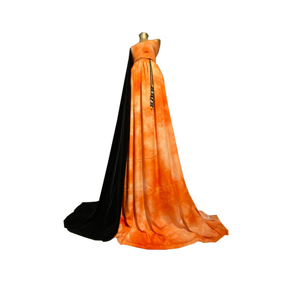 Diamond Fabric Handmade Silk Elegant Dress with Black Cape in Orange & White Shades and Black Leather Belt with an Amber Finish