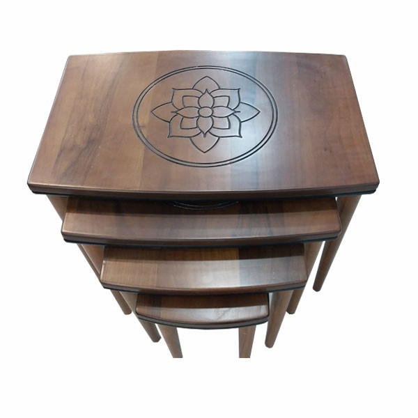 Set of 4-Piece Zigon Type Side Living Room Small Wooden Tables with Logo Carved in the Center