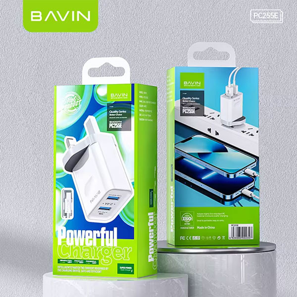 Bavin Dual-port UK Mobile Phone USB Adapter, 2.4A, White Color Model No. PC255E