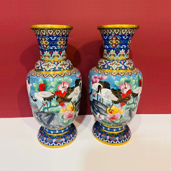 2 Antique Chinese Hand Painted Vases with Swans and Flowers