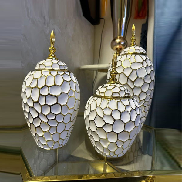 Different Dimension 3Pcs Porcelain Jar Set, White Colored with Gold Cells Decoration & White Lid with Golden Spear Finish