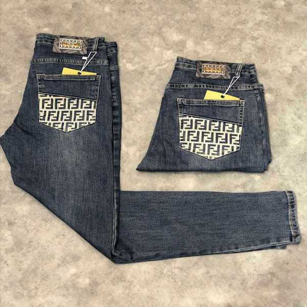 Fendi Blue Black Color Washed Οut Jean Straight Line with Embroidered Logo & Design in the Back Pocket